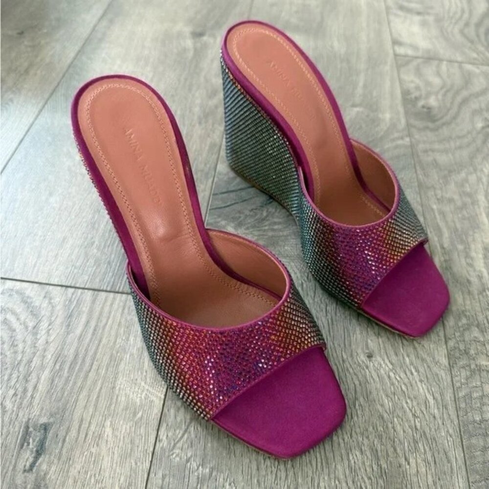 New Authentic Amina Muaddi Lupita Crystal Wedge Slide Sandal